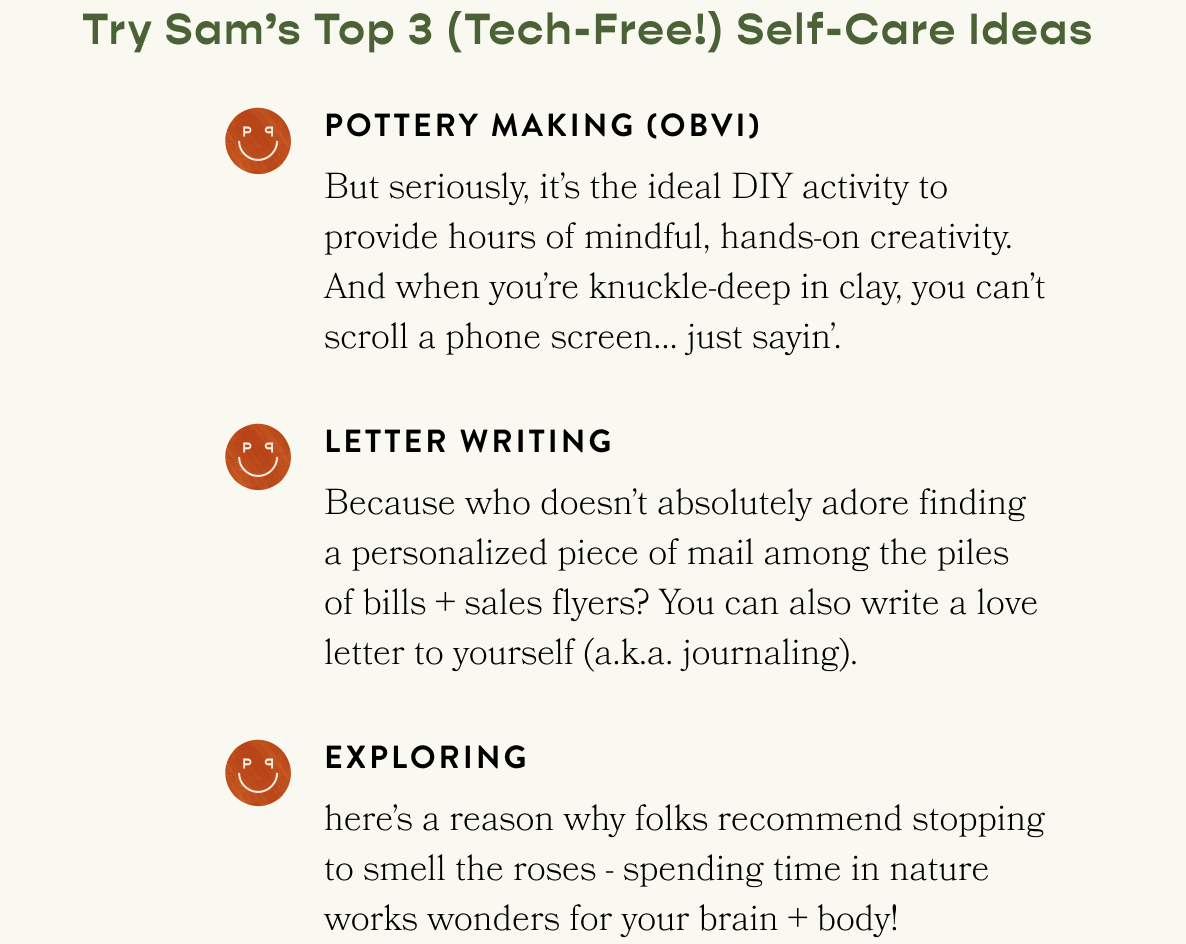 Try Sam's top 3 (tech-free) self-care ideas